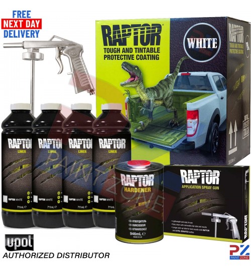 UPOL RAPTOR *WHITE* TRUCK BED LINER 4 BOTTLE 3.8L KIT + APPLICATOR GUN U-POL