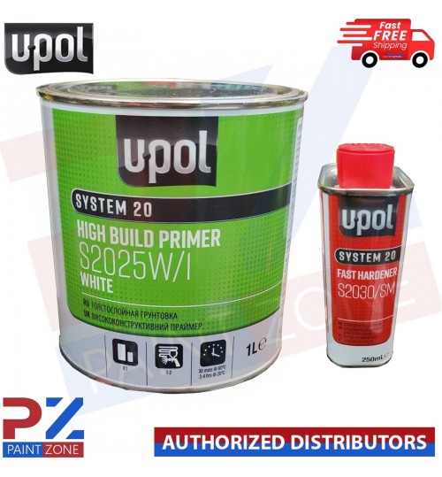 UPOL HIGH BUILD PRIMER S2025W/1 WHITE 1L - WITH S2030/SM FAST HARDENER 1.25L KIT