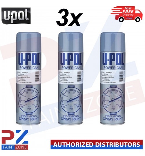 3x UPol Power Can Grey Primer Spray Aerosol Anti-Corrosive Metal 500ml