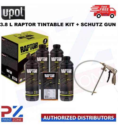 UPOL RAPTOR 3.8L KIT *TINTABLE* + SCHUTZ SPRAY GUN Bed Liner TOUGH COATING U-POL