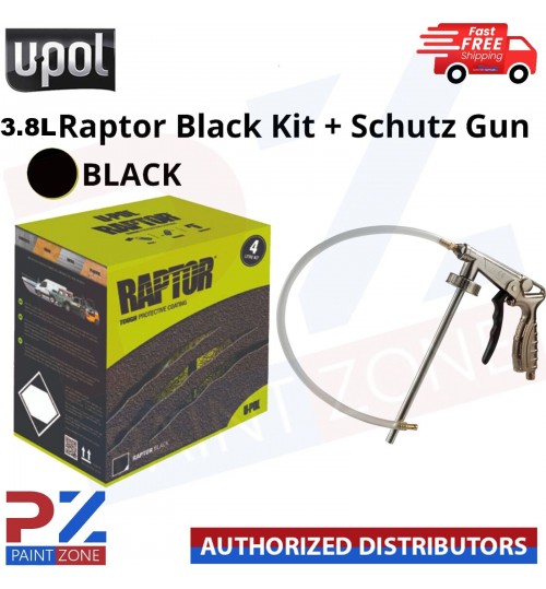 UPOL RAPTOR *BLACK * BED LINER TOUGH U-POL 4 BOTTLE KIT + **SCHUTZ SPRAY GUN**