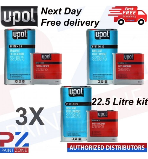 3X UPOL S2081 BRILLIANT HS CLEARCOAT - WITH FAST HARDENER S2030 (22.5 Litre Kit)