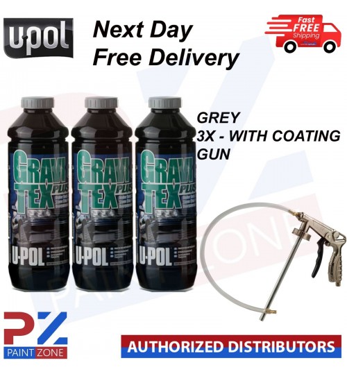 3 X U-POL GRAVITEX PLUS HS STONE CHIP COATING UPOL PROTECTER 1L GREY WITH - GUN