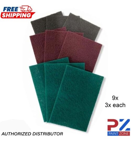 9X Scotchbrite Finishing pads Abrasive 3 of each Grit : Green Grey Red
