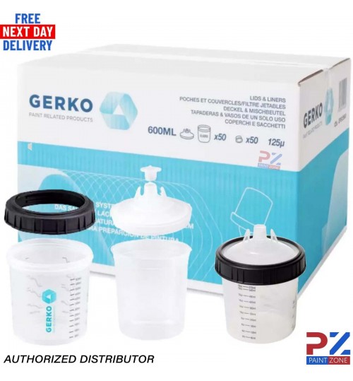 GERKO PAINT CUPS SYSTEM 600ML X 50 LIDS LINERS 1X OUTER 125PPU PPS SPRAY MIXING
