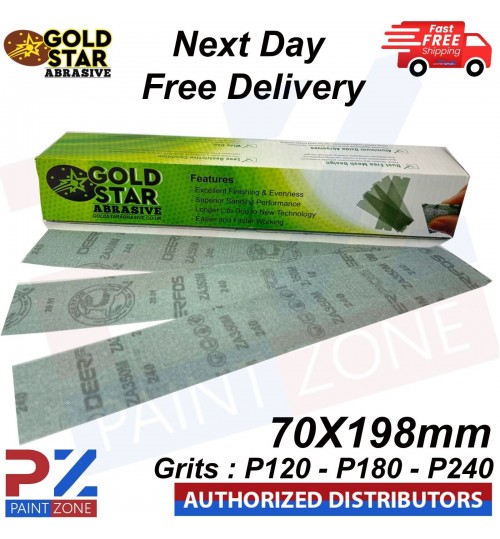 GOLDSTAR GREEN SANDING STRIPS 70x198MM GRITS P120, P180, P240 - BOX OF 50PCS