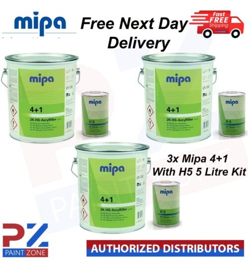 3x MIPA 4+1 2K HS ACRYFILLER HIGH BUILD PRIMER WHITE 4LTR WITH H5 1LTR 5LTR KIT