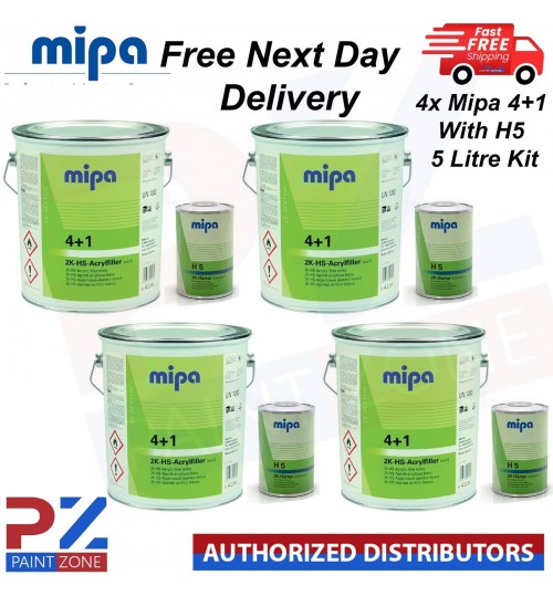 4x MIPA 4+1 2K HS ACRYFILLER HIGH BUILD PRIMER WHITE 4LTR WITH H5 1LTR 5LTR KIT