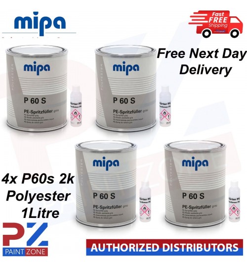 4 X MIPA P60 S 2K Polyester Spray Filler w/hardener 1 Litre KIT