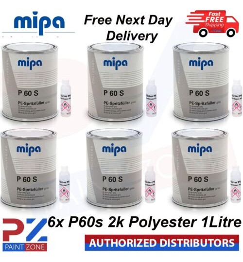 6 X MIPA P60 S 2K Polyester Spray Filler w/hardener 1 Litre KIT