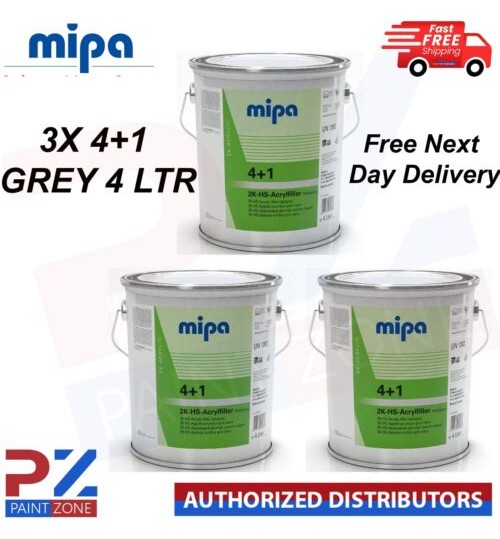 3X MIPA 4+1 ACRY FILLER HIGH BUILD 2K PRIMER 4L - GREY *FREE NEXT DAY DELIVERY*