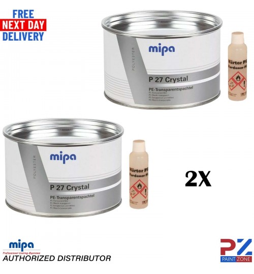 2X MIPA P27 CRYSTAL TRANSPARENT POLYESTER BODY FILLER FOR CARBON REPAIR 1KG
