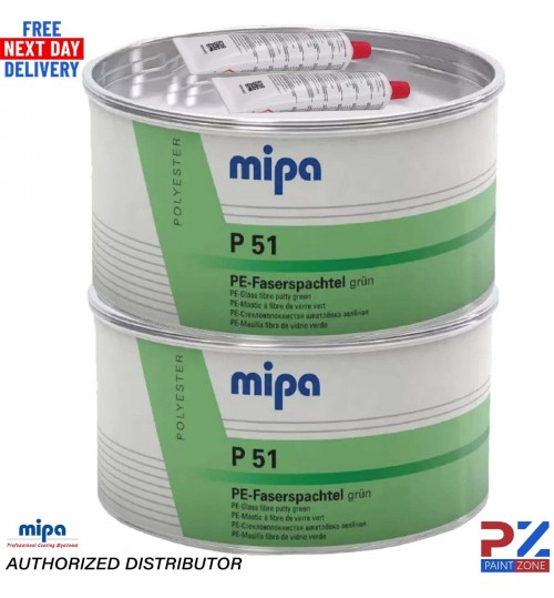 2X MIPA P51 FIBRE GLASS FILLER GREEN PUTTY WITH HARDENER 1.8KG