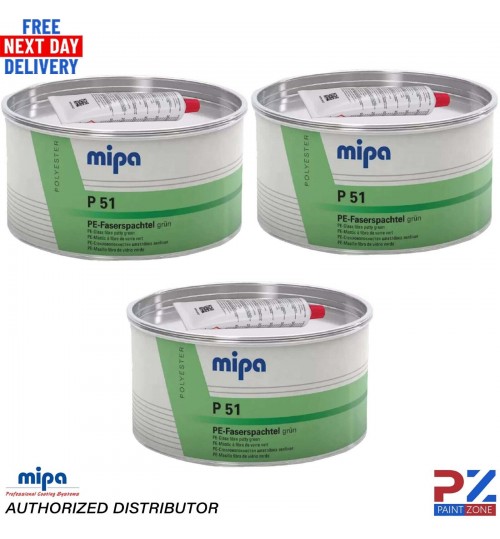 3X MIPA P51 FIBRE GLASS FILLER GREEN PUTTY WITH HARDENER 1.8KG