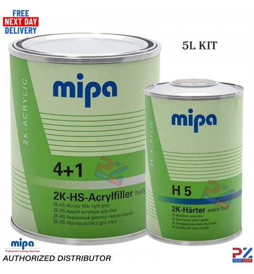 MIPA 4+1 2K HS HIGH BUILD PRIMER GREY TO SUIT MIXING PADDLE &H5 HARDENER 5L KIT