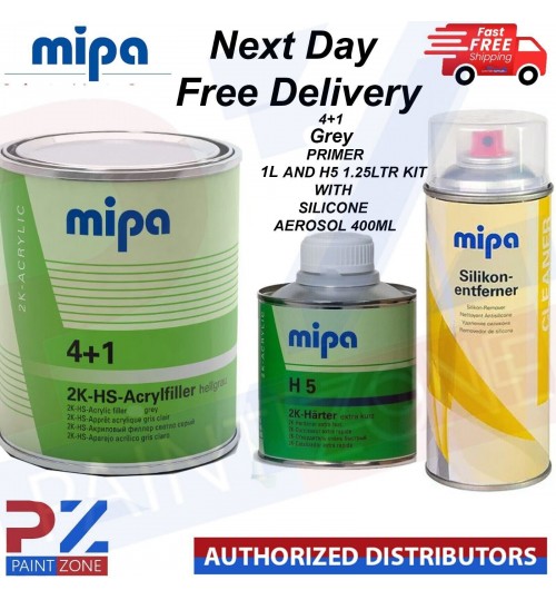 MIPA 4+1 Acrylfiller High Build Primer Grey - H5 1.25LTR KIT - SILICONE 400ML