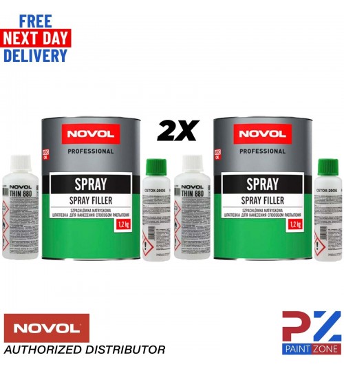 2x NOVOL POLYESTER SPRAY FILLER KIT 1.2KG + THINNER & HARDENER