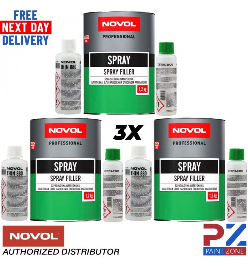 3x NOVOL POLYESTER SPRAY FILLER KIT 1.2KG + THINNER & HARDENER