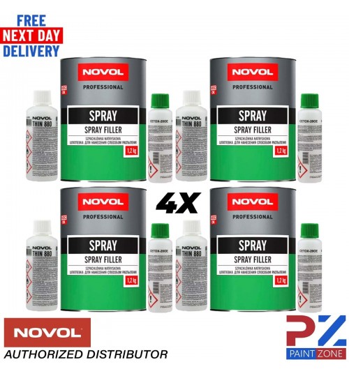 4x NOVOL POLYESTER SPRAY FILLER KIT 1.2KG + THINNER & HARDENER