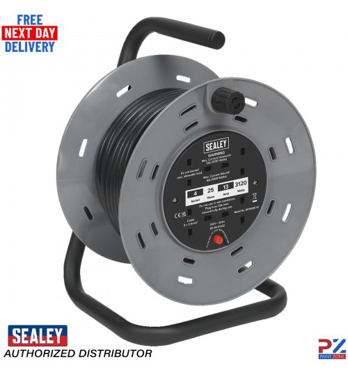 Sealey BCR25RCD 25m Cable Reel 4 x 230V Sockets + RCD Plug Thermal Trip